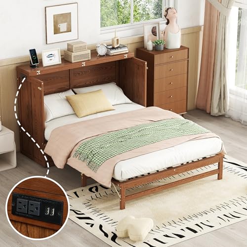 Full Size Walnut Murphy Bed with Charging Station and Drawers Q2726