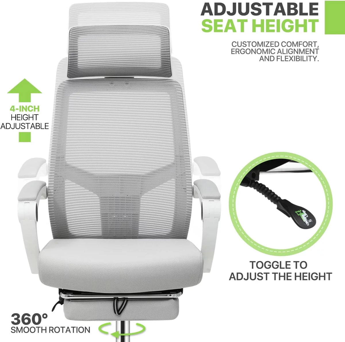 Grey Ergonomic High Back Mesh Office Chair with Footrest X5687