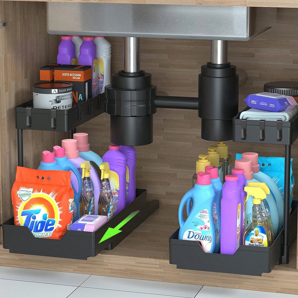 2 Tier L-Shape Under Sink Organizer with Hooks B4087