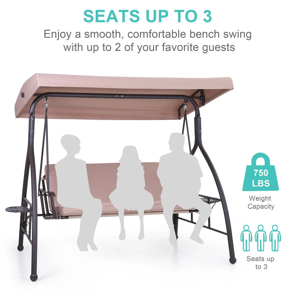 3-Seat Outdoor Converting Canopy Swing Glider Hammock with Foldable Side Table - Beige I5023