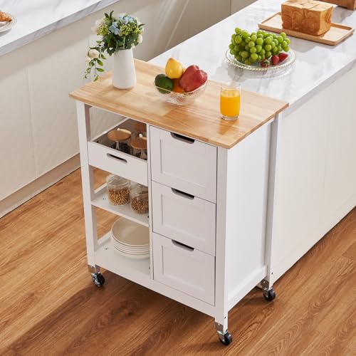 White 26 inch Rolling Kitchen Island Cart with 3 Drawers and Shelves K12249