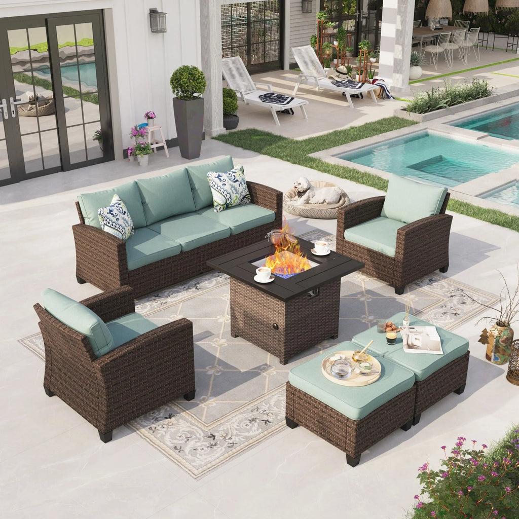 8 Pieces Wicker Patio Conversation Set with Fire Pit Table L23951