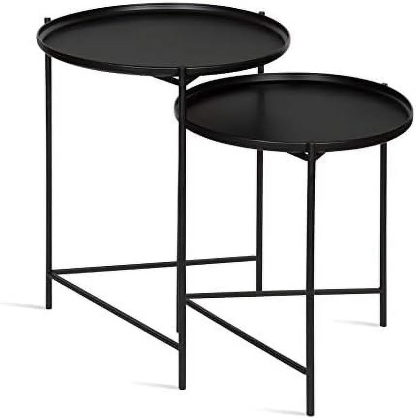 Set of 2 Natural Wood and Black Metal End Tables S184