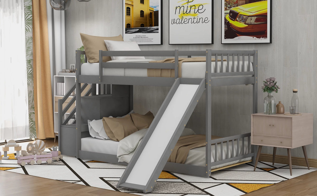 Gray Wood Twin over Twin Bunk Bed with Slide and Staircase J8787