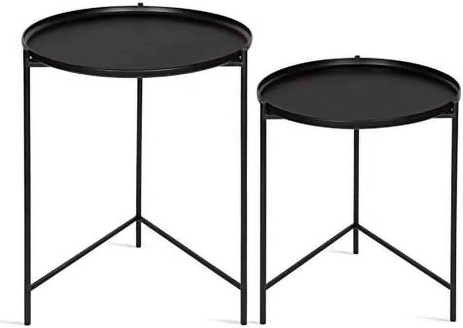 Set of 2 Natural Wood and Black Metal End Tables S184