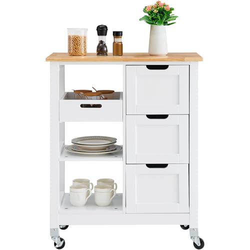White 26 inch Rolling Kitchen Island Cart with 3 Drawers and Shelves K12249