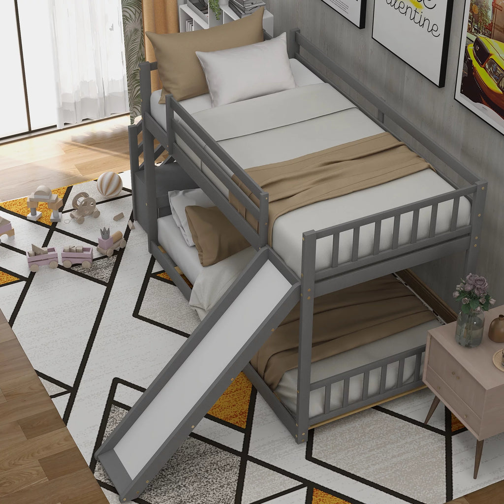 Gray Wood Twin over Twin Bunk Bed with Slide and Staircase J8787