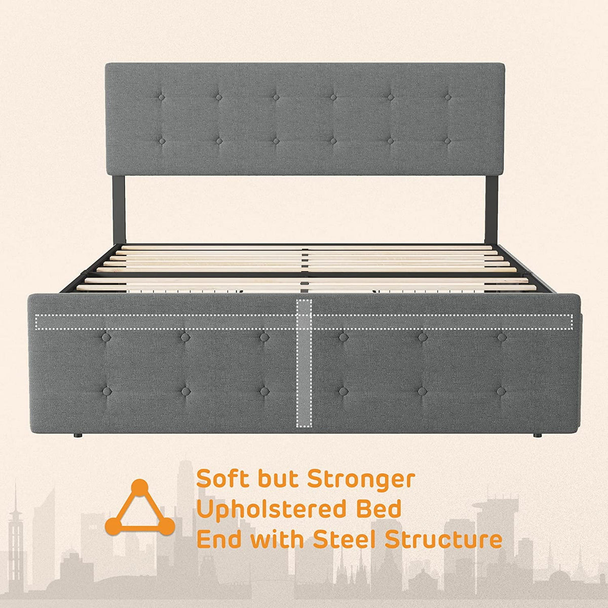 Upholstered Platform Bed Frame with Headboard and 4 Drawers L758