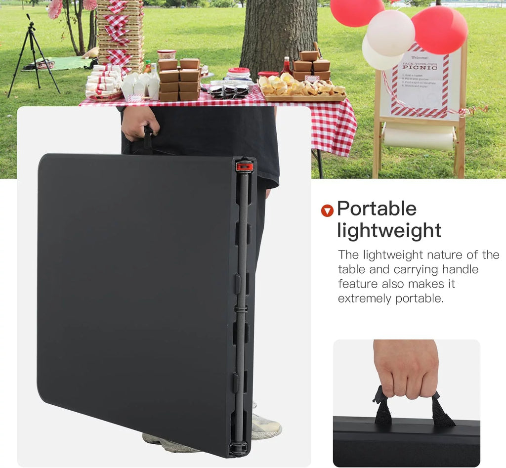 6ft Black Plastic Folding Table with Carrying Handle M19329