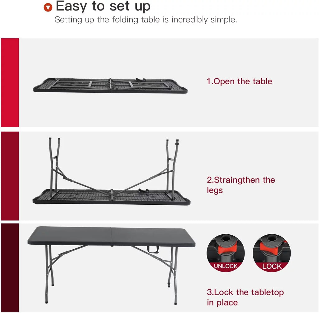 6ft Black Plastic Folding Table with Carrying Handle M19329