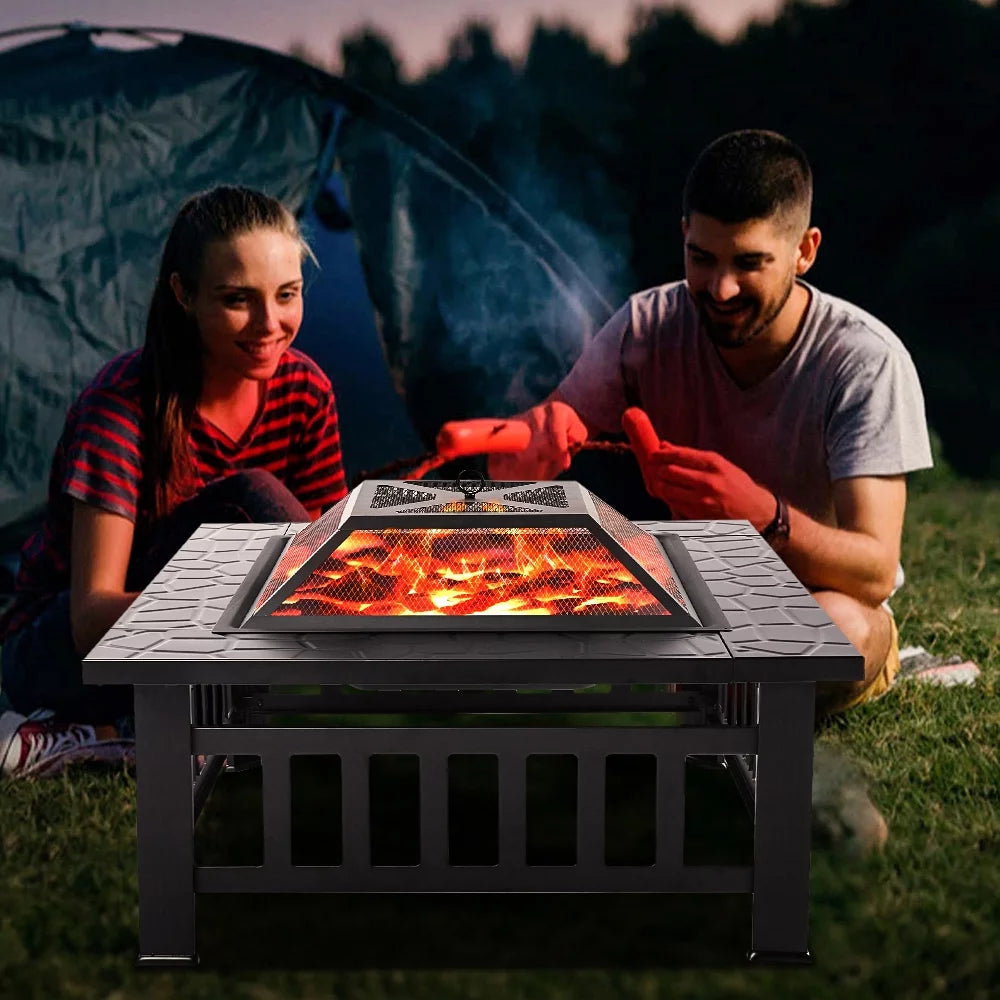 32 Square Iron Wood Burning Fire Pit with BBQ Net Y431