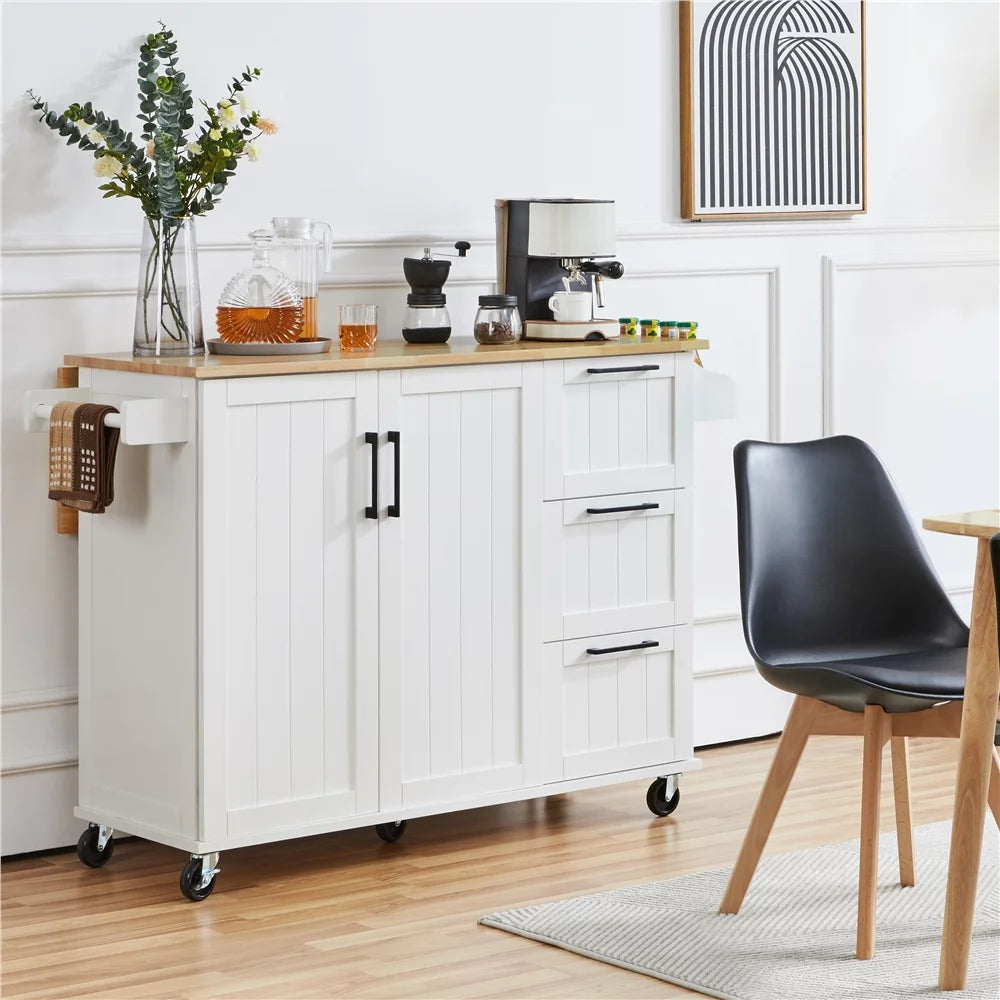 White Rolling Kitchen Cart with Wood Top and Drop Leaf S1059