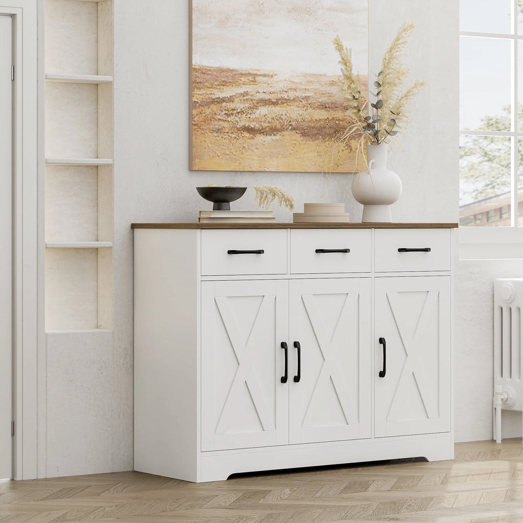 White 3 Drawer Kitchen Buffet Sideboard Cabinet with Adjustable Shelf J781