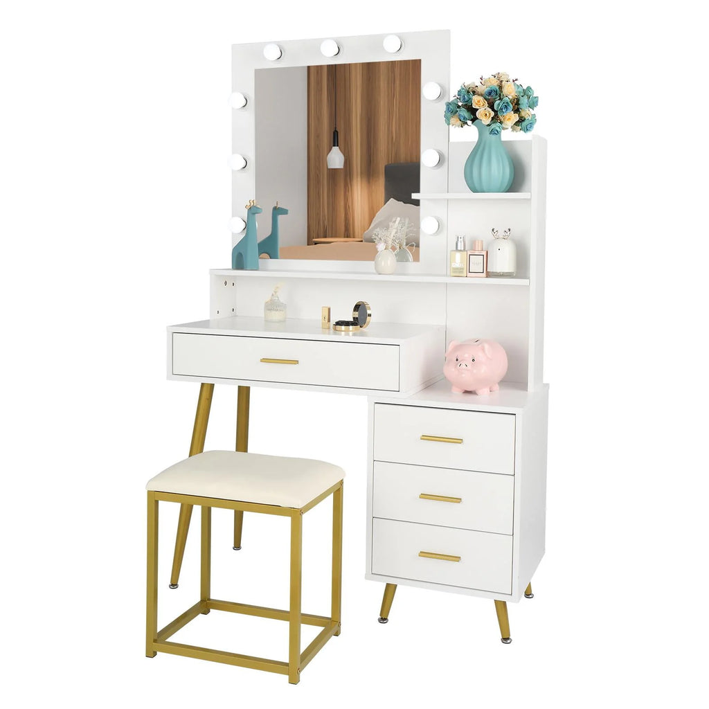 White Vanity Table Set with Lighted Mirror and 4 Drawers S97328