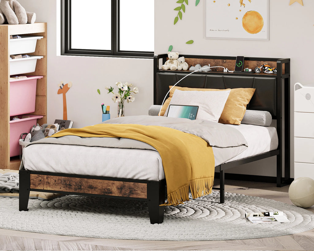 King Metal Bed Frame with Black Storage Headboard F7401