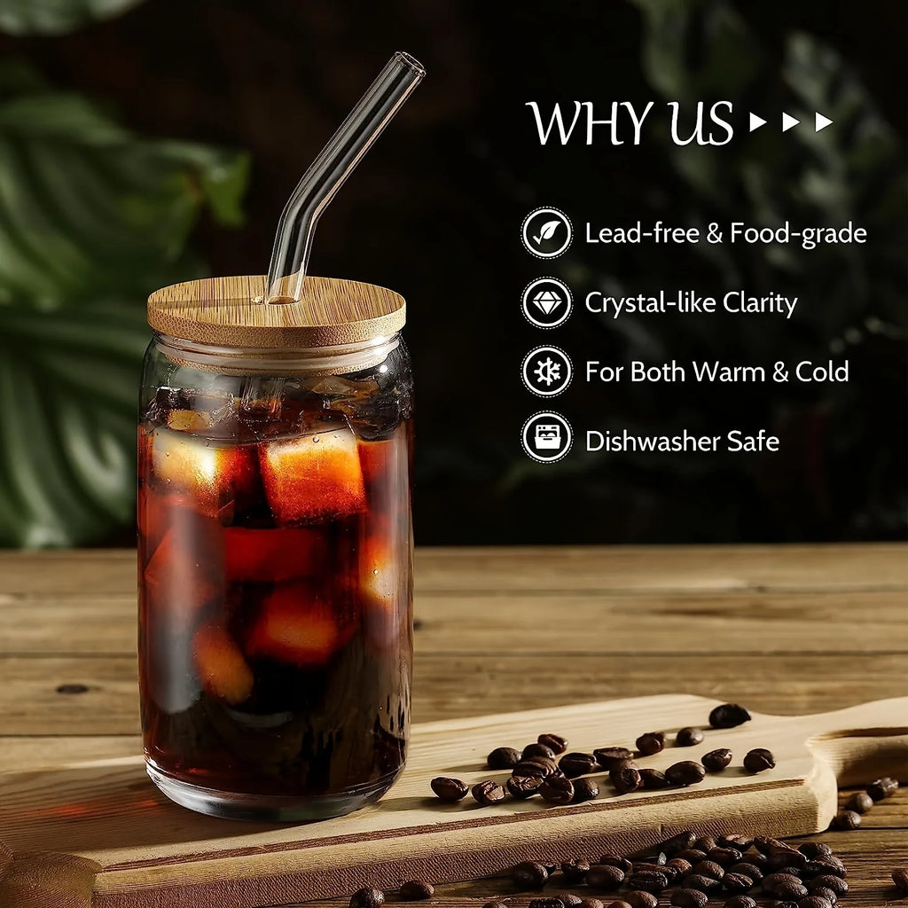 16oz Can Shaped Drinking Glasses with Bamboo Lids and Glass Straws W787238