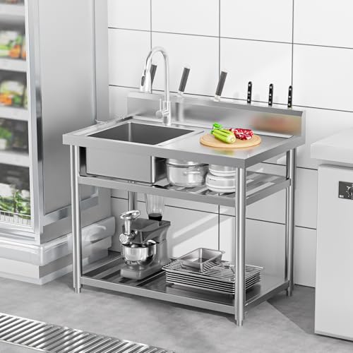 Stainless Steel Freestanding Utility Sink with Workbench Drawer Double Shelves K6624