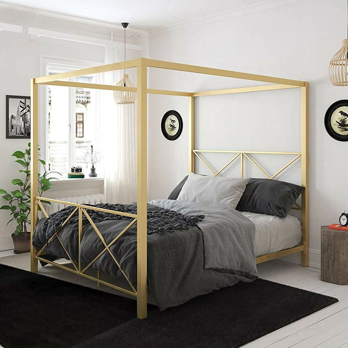 Queen Size Gold Metal Canopy Bed Frame with Headboard P939