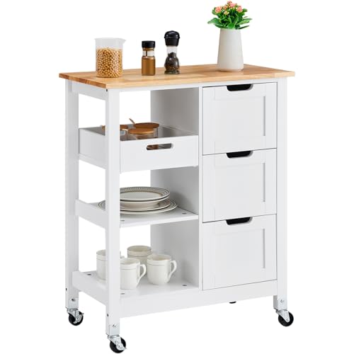 White 26 inch Rolling Kitchen Island Cart with 3 Drawers and Shelves K12249