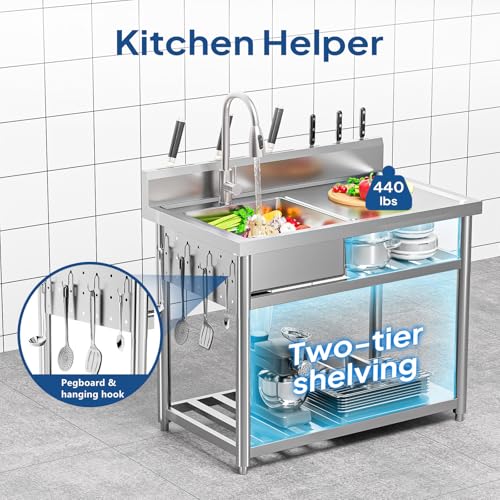 Stainless Steel Freestanding Utility Sink with Workbench Drawer Double Shelves K6624