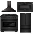 36 in. Gas Range, Range Hood, Microwave Drawer, Refrigerator in Black Stainless J6338