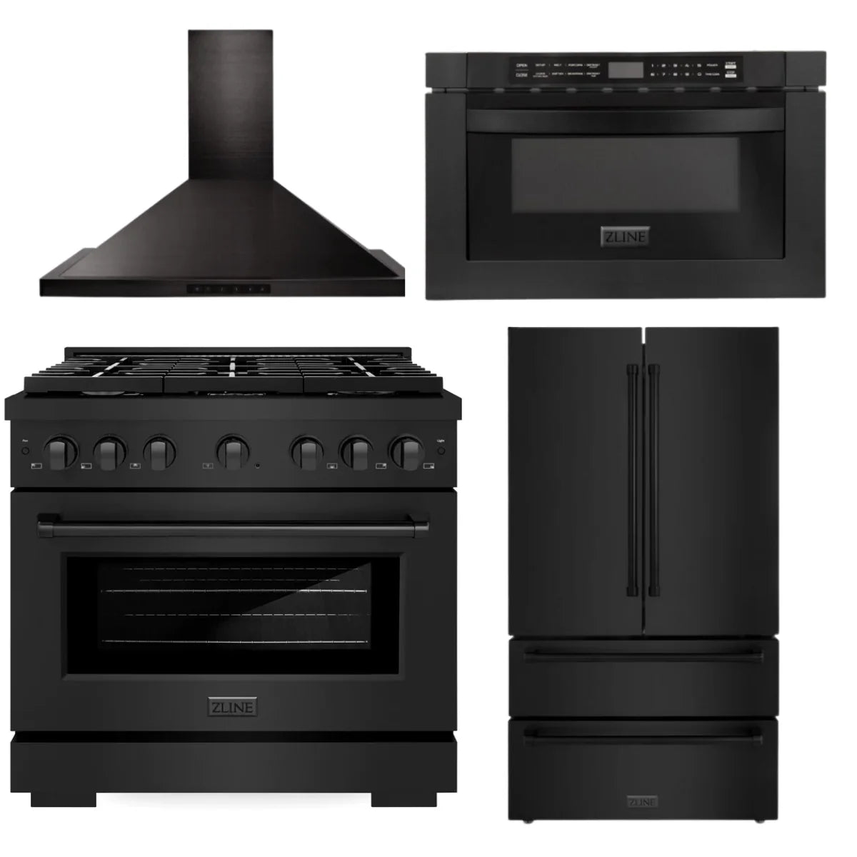 36 in. Gas Range, Range Hood, Microwave Drawer, Refrigerator in Black Stainless J6338