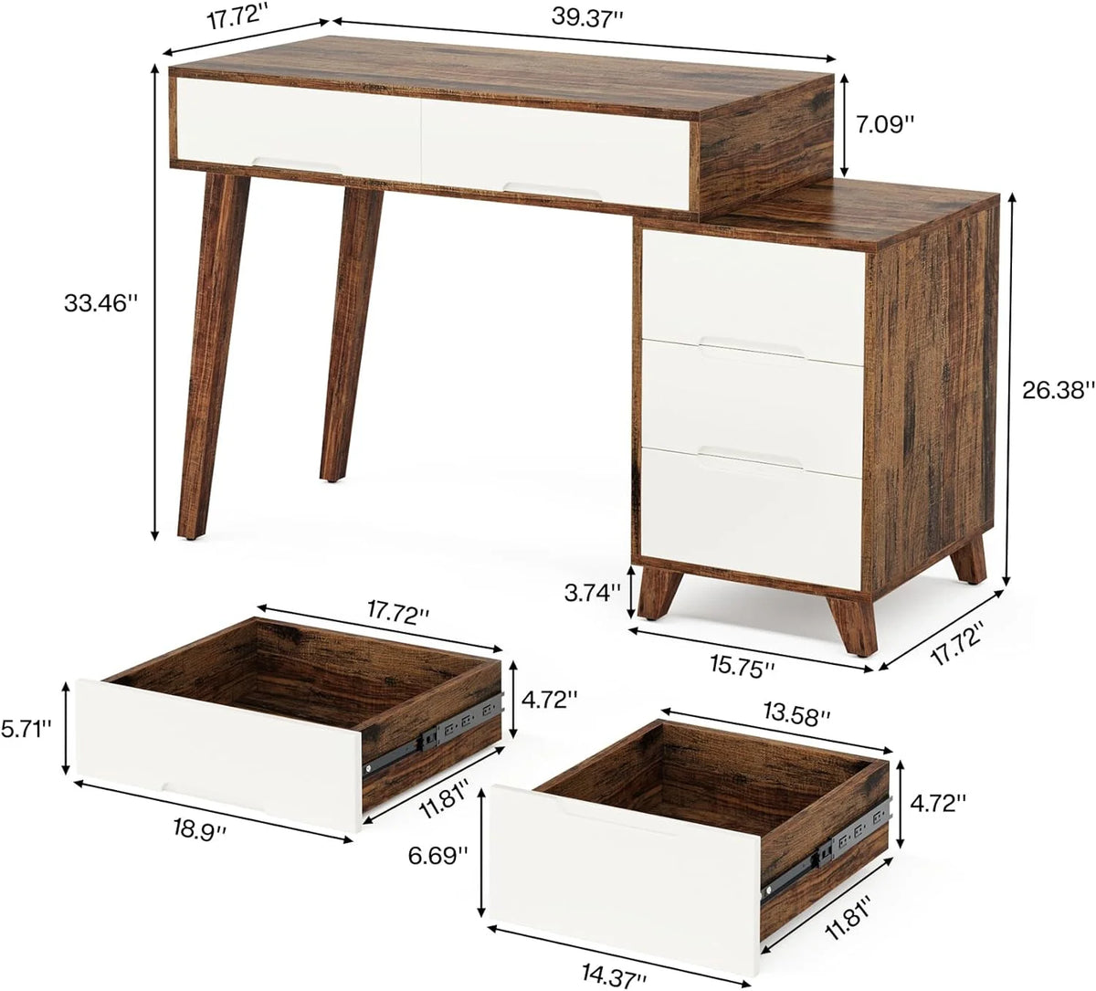 Modern Computer Desk with 5 Drawers, Reversible Study Writing Table, Brown & White K7458