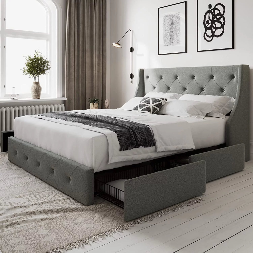 Queen Size Bed Frame with 4 Storage Drawers N85777