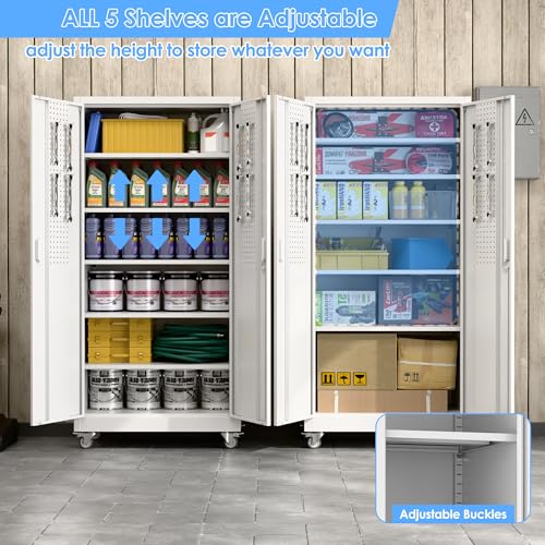 73" Black Metal Storage Cabinet with Wheels and 4 Adjustable Shelves W32116