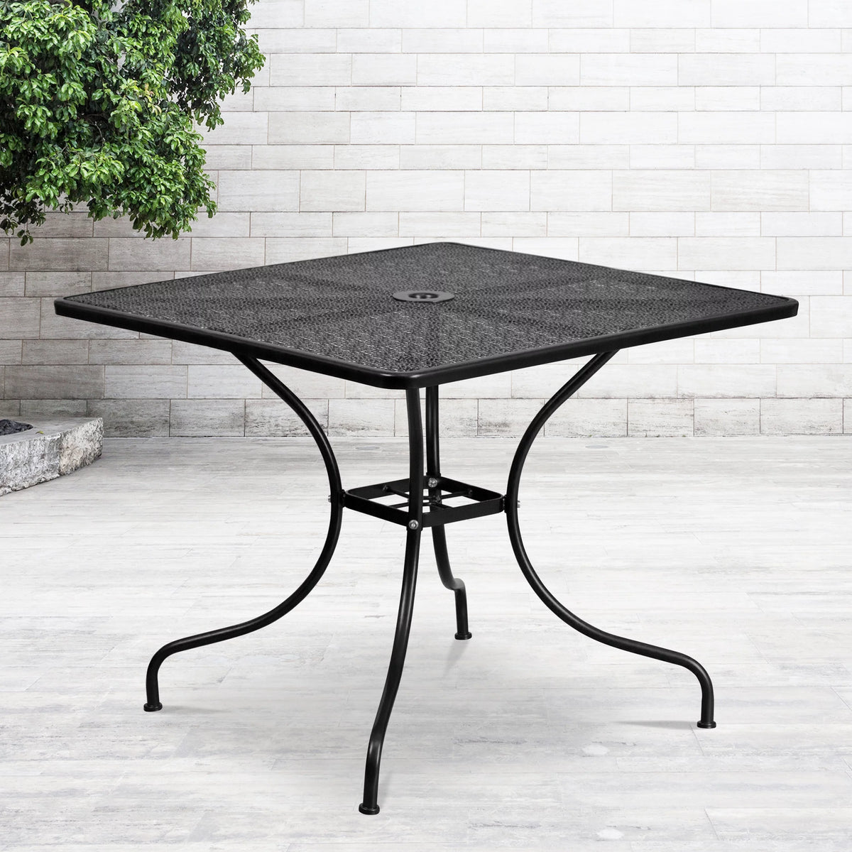 Square Black Steel Patio Table with Umbrella Hole E444027