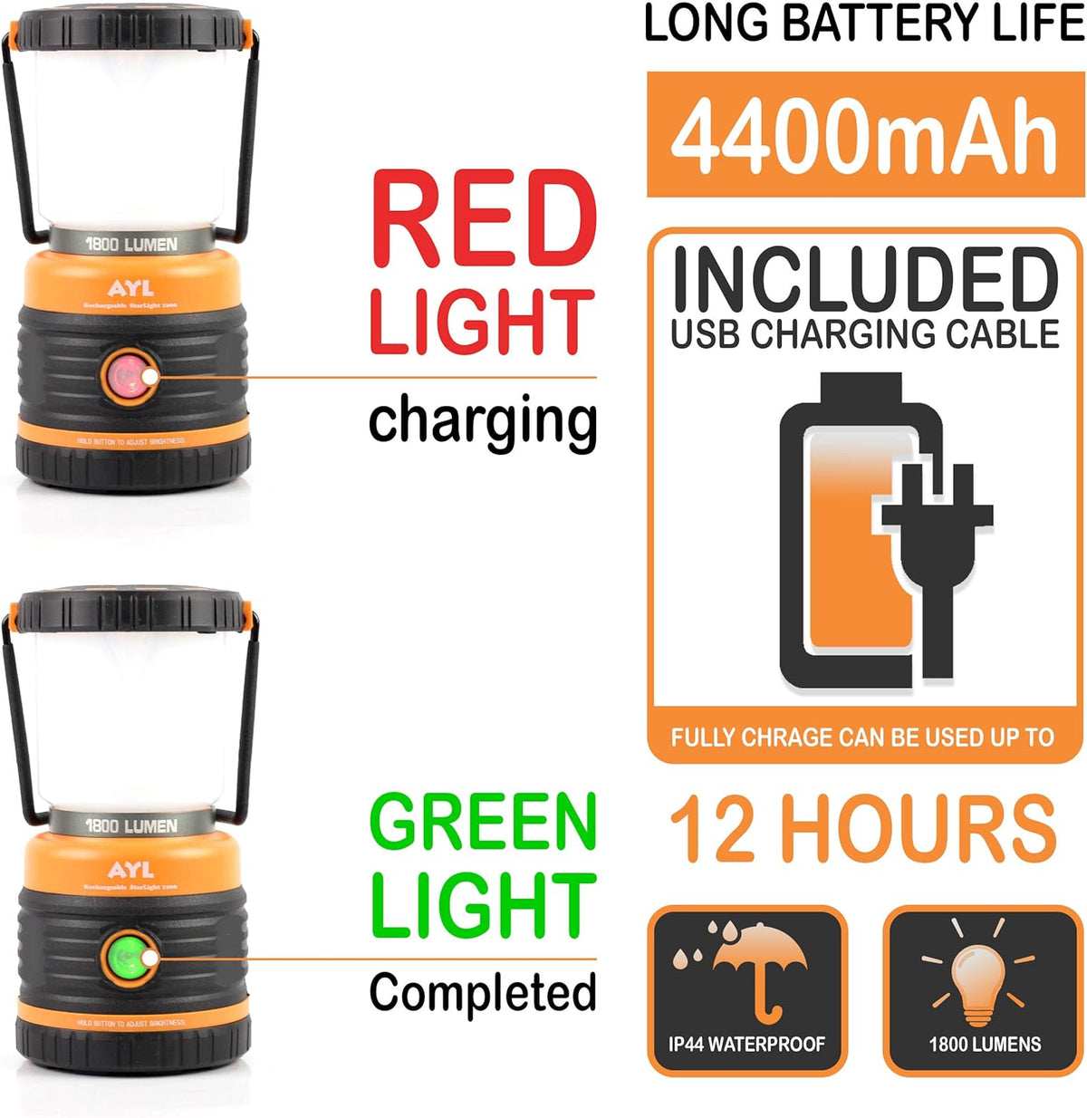 Rechargeable LED Camping Lantern 1800LM 4 Light Modes IP44 Waterproof Pack of 2 X6422
