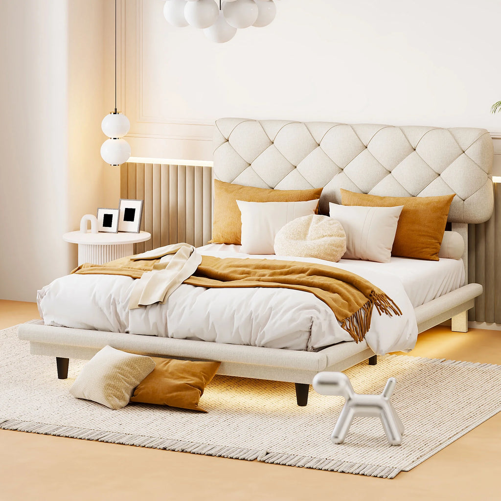 Full Size Upholstered Floating Platform Bed Linen Fabric Beige B6925