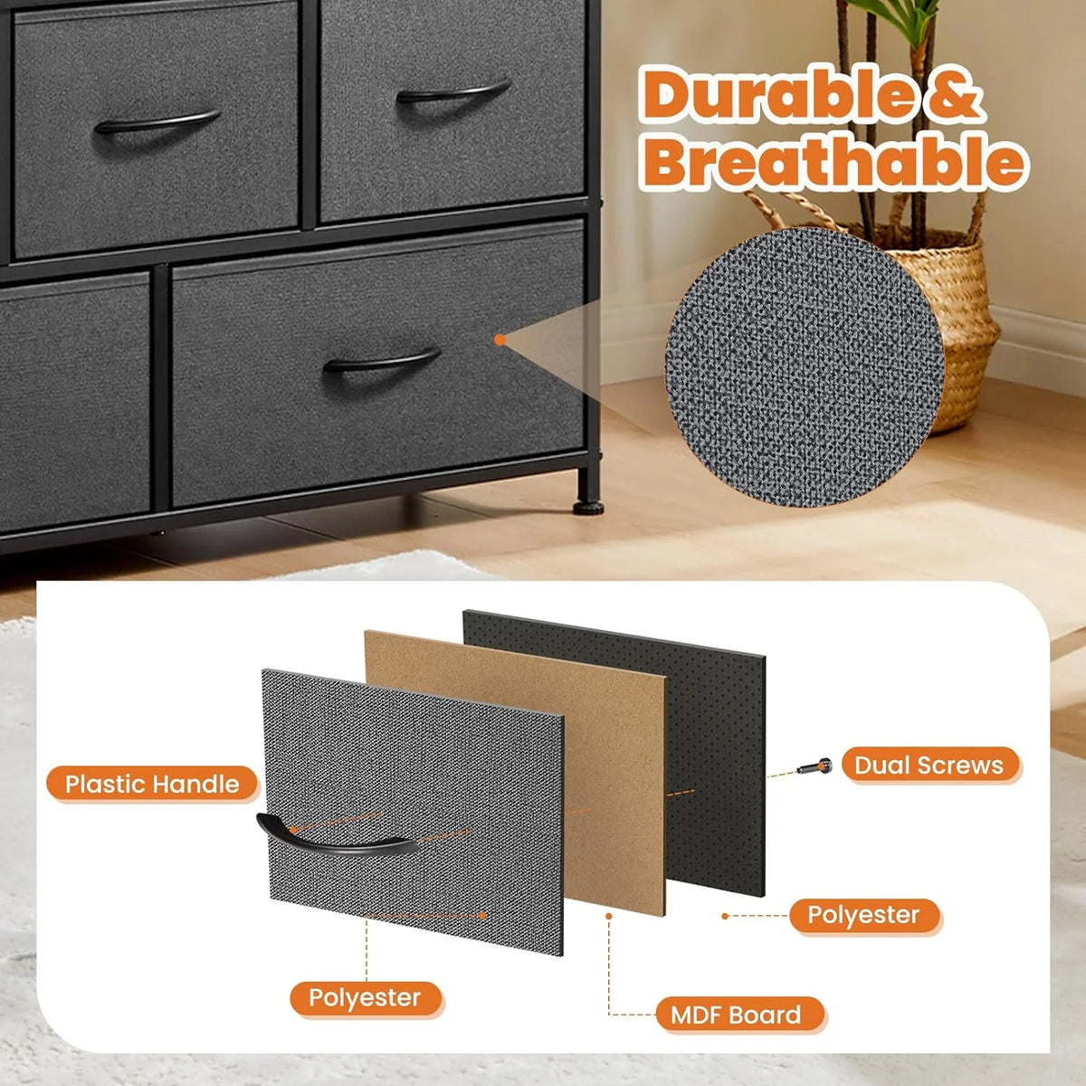 5 Fabric Drawer Dresser with Wood Top and Steel Frame B1491