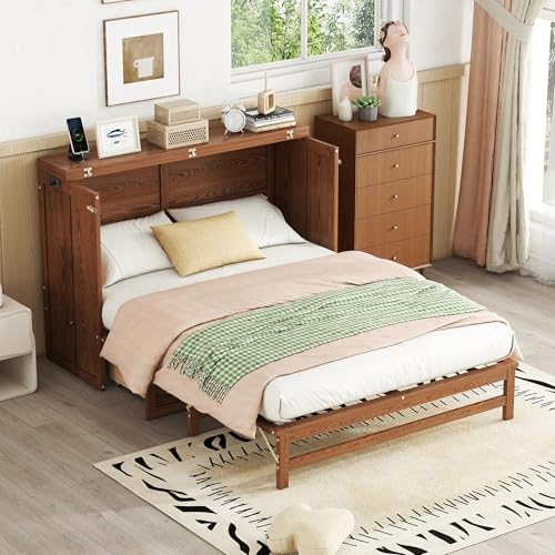 Full Size Walnut Murphy Bed with Charging Station and Drawers Q2726