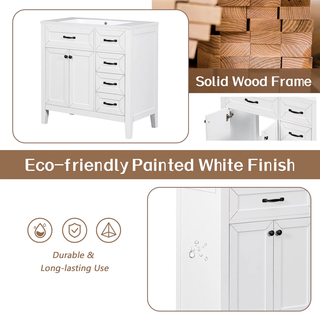 36" White Single Bathroom Vanity with 2 Doors & 3 Drawers A95733