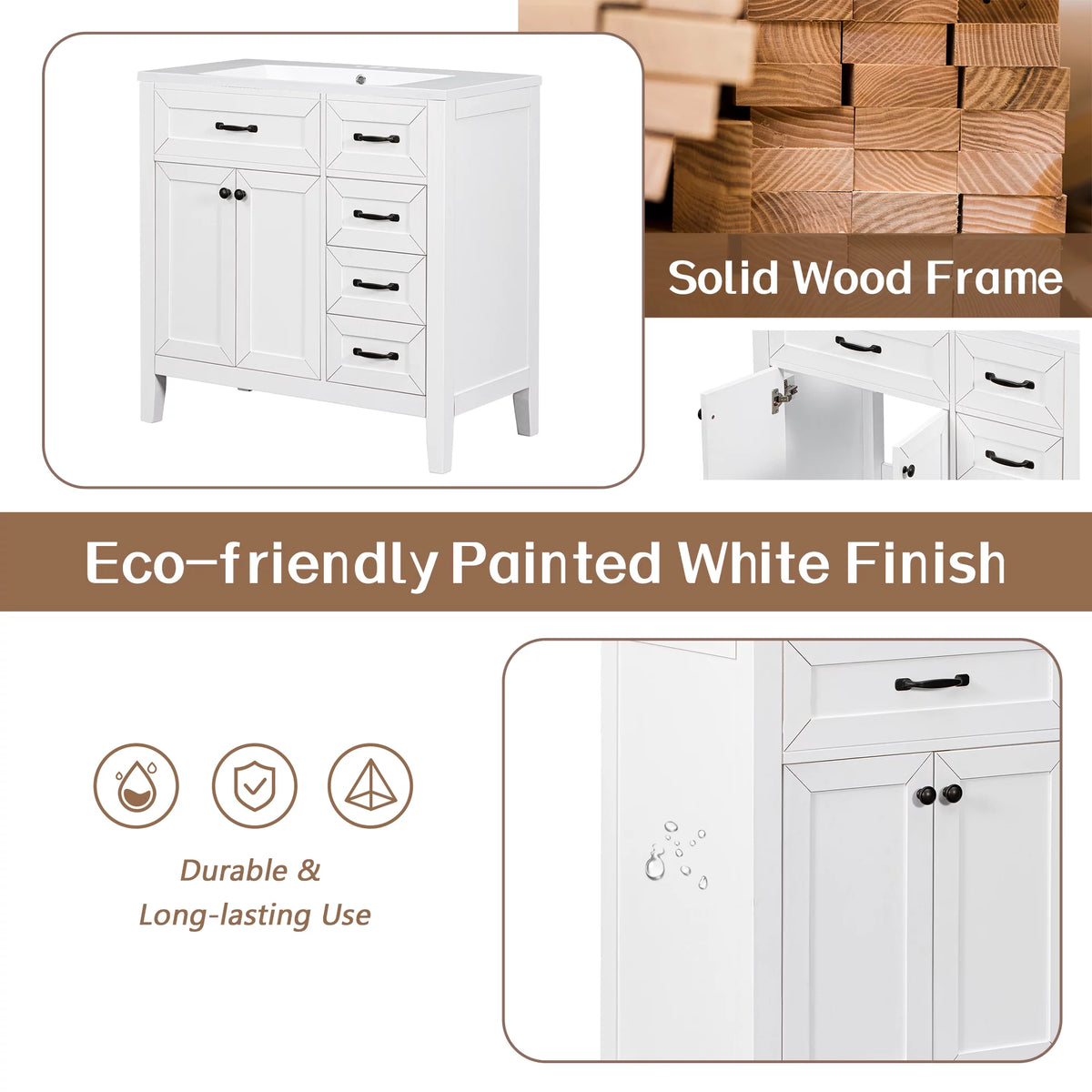 36" White Single Bathroom Vanity with 2 Doors & 3 Drawers A95733