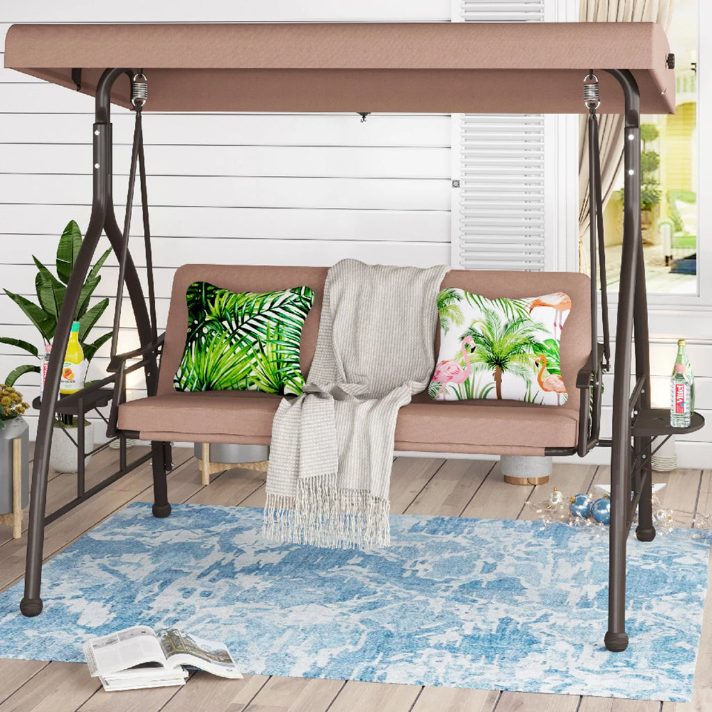 3-Seat Outdoor Converting Canopy Swing Glider Hammock with Foldable Side Table - Beige I5023