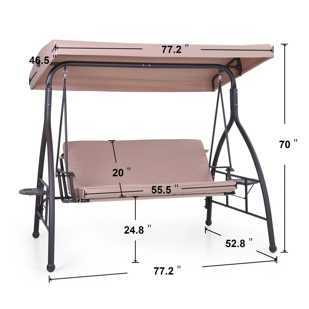 3-Seat Outdoor Converting Canopy Swing Glider Hammock with Foldable Side Table - Beige I5023