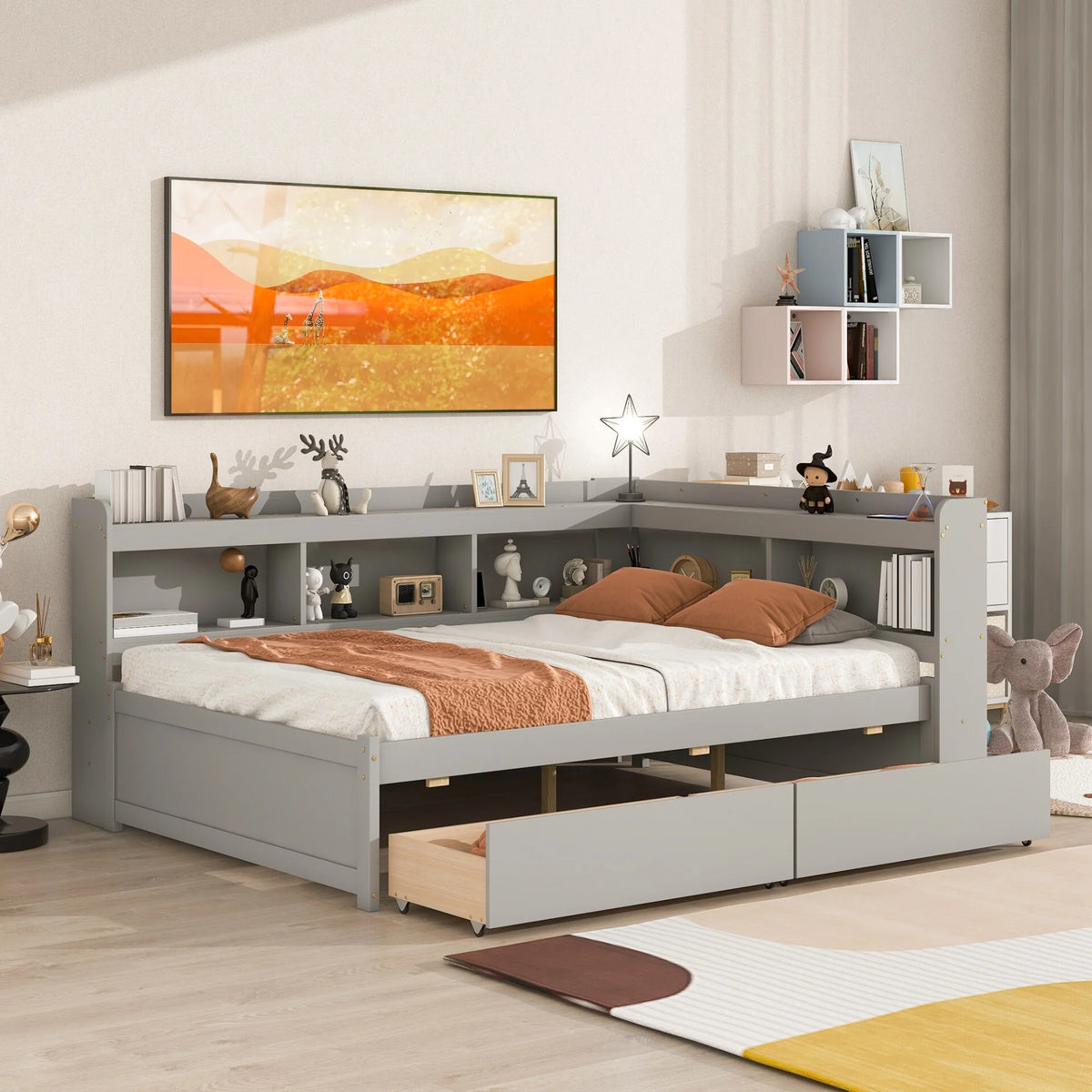 White Wood Twin Size Platform Bed with Storage Drawers O649974