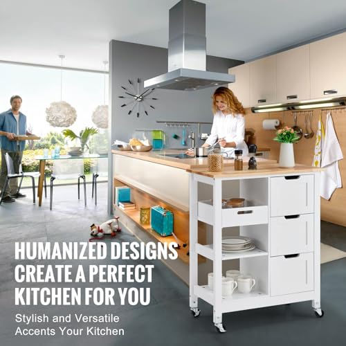White 26 inch Rolling Kitchen Island Cart with 3 Drawers and Shelves K12249