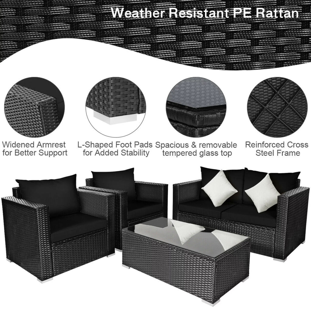 8 Pcs Rattan Patio Conversation Set with Black Cushions Z523676