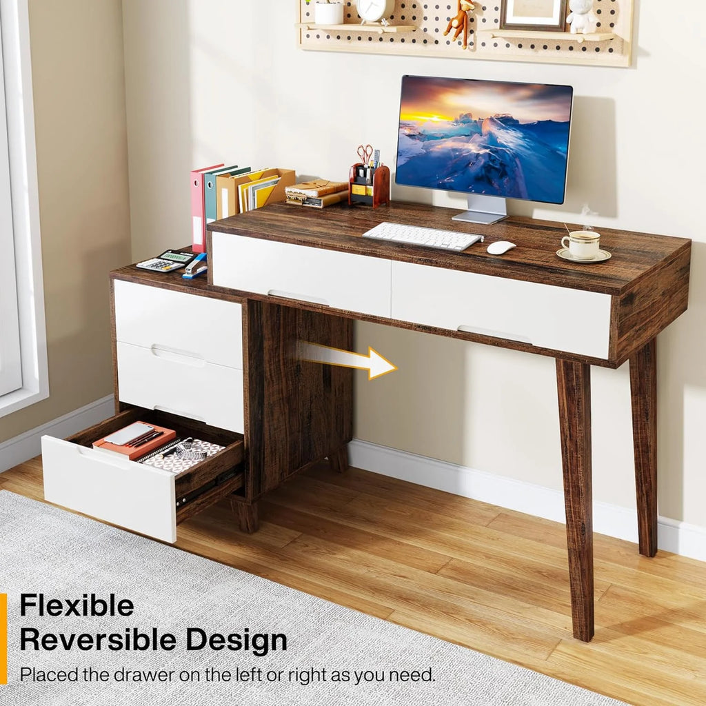Modern Computer Desk with 5 Drawers, Reversible Study Writing Table, Brown & White K7458