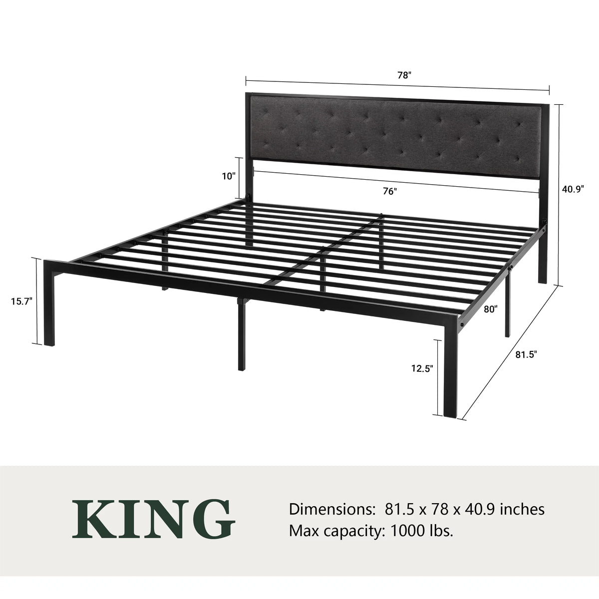 King Size Metal Bed Frame with Upholstered Headboard L441