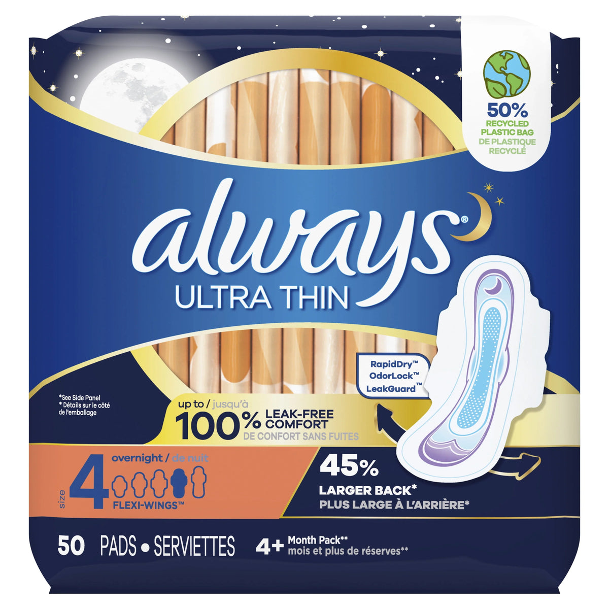 Ultra Thin Overnight Pads with Wings, Size 4, 50 CT P129279