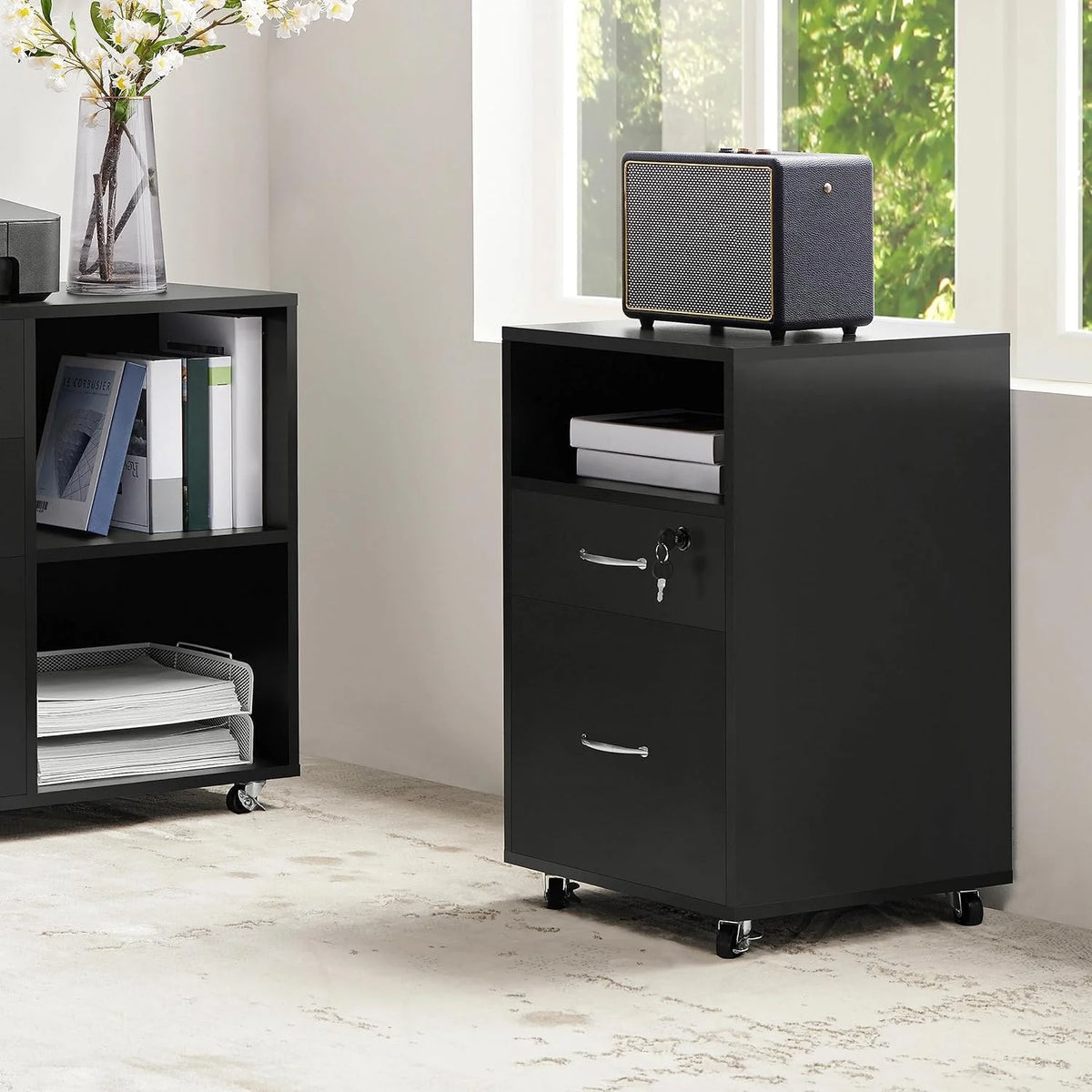 2pcs Mobile File Cabinet Letter Size Filing Cabinet with Printer Stand Black Rustic Brown R870056