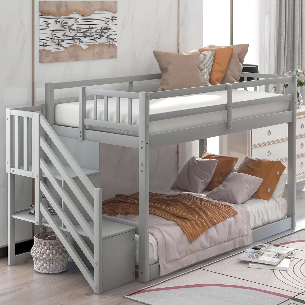 Twin Over Twin Floor Bunk Bed with Ladder and Storage Gray E407752