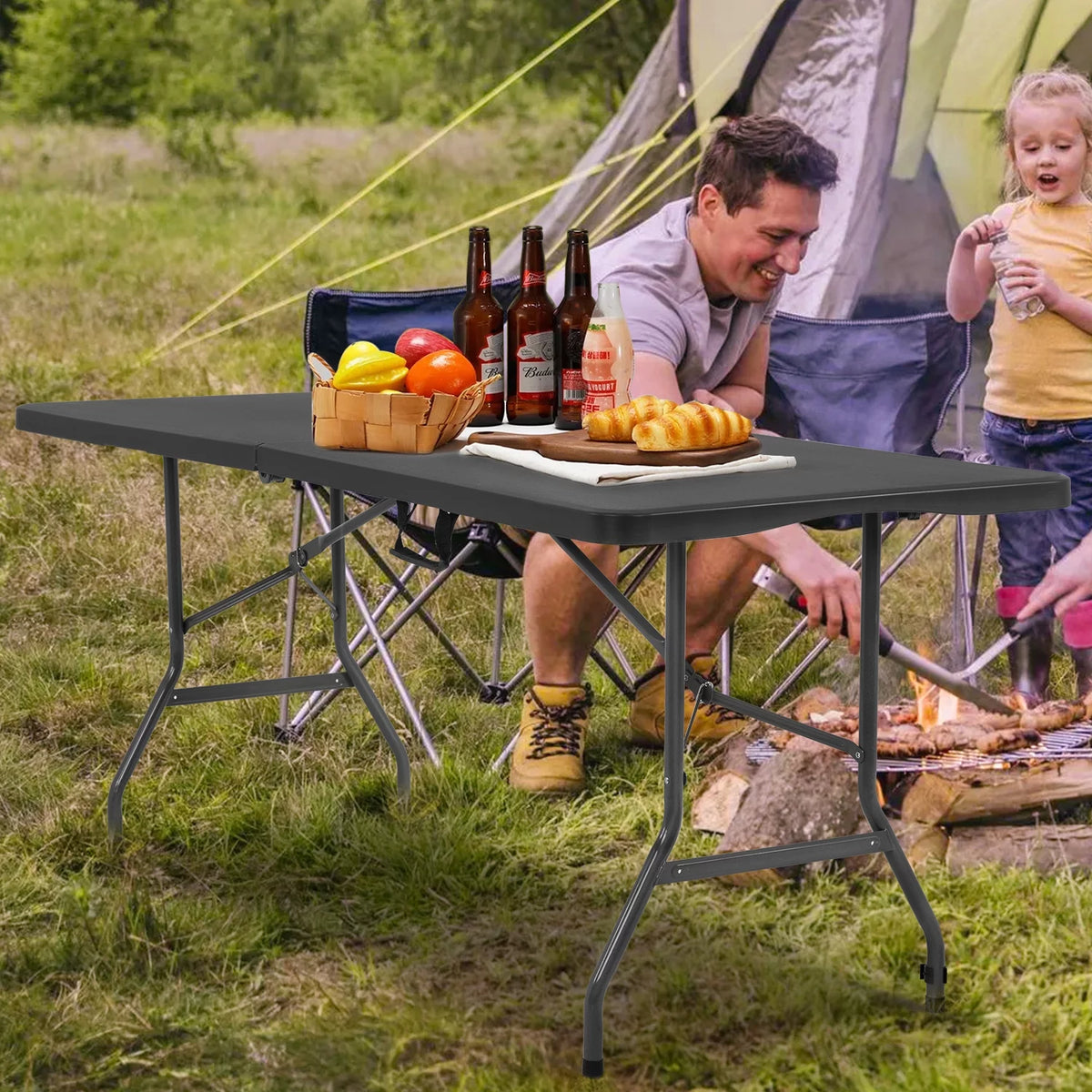 6ft Black Plastic Folding Table with Carrying Handle M19329