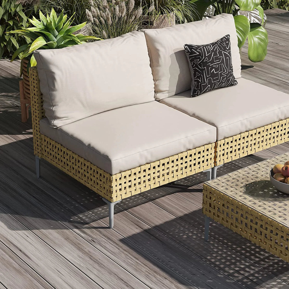 7-Piece Wicker Patio Furniture Set with Beige Cushions and Coffee Table Y721