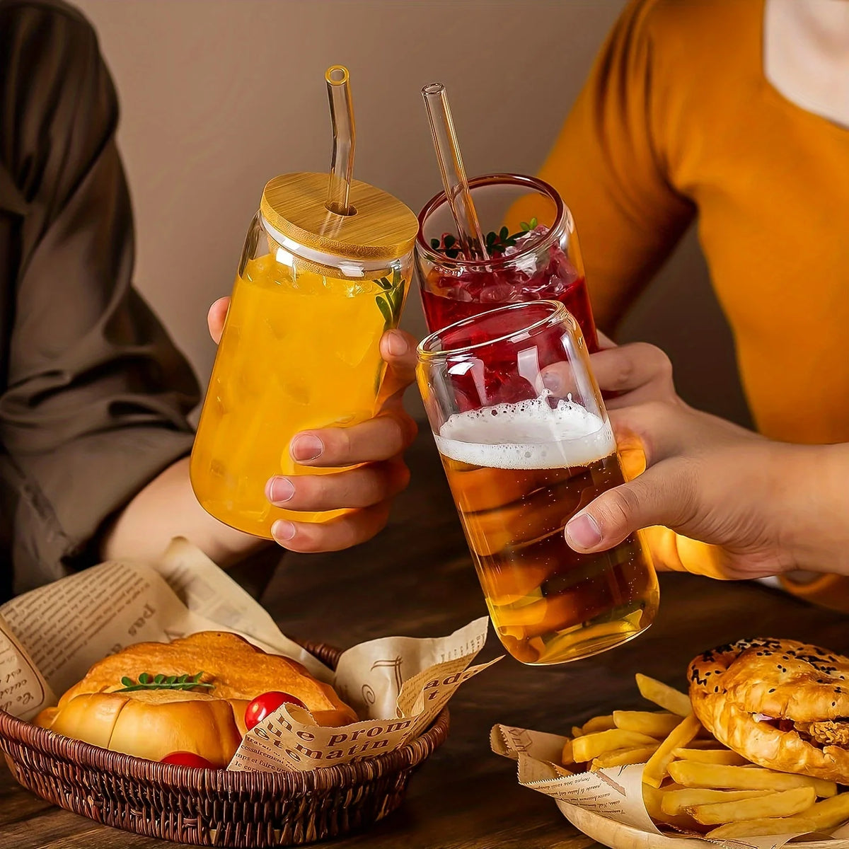 16oz Can Shaped Drinking Glasses with Bamboo Lids and Glass Straws W787238