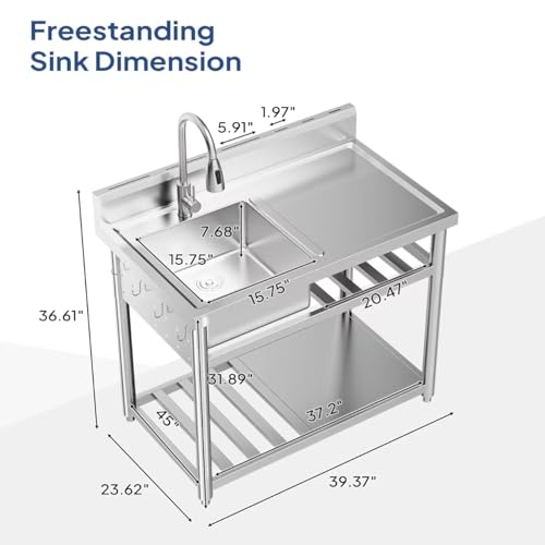 Stainless Steel Freestanding Utility Sink with Workbench Drawer Double Shelves K6624